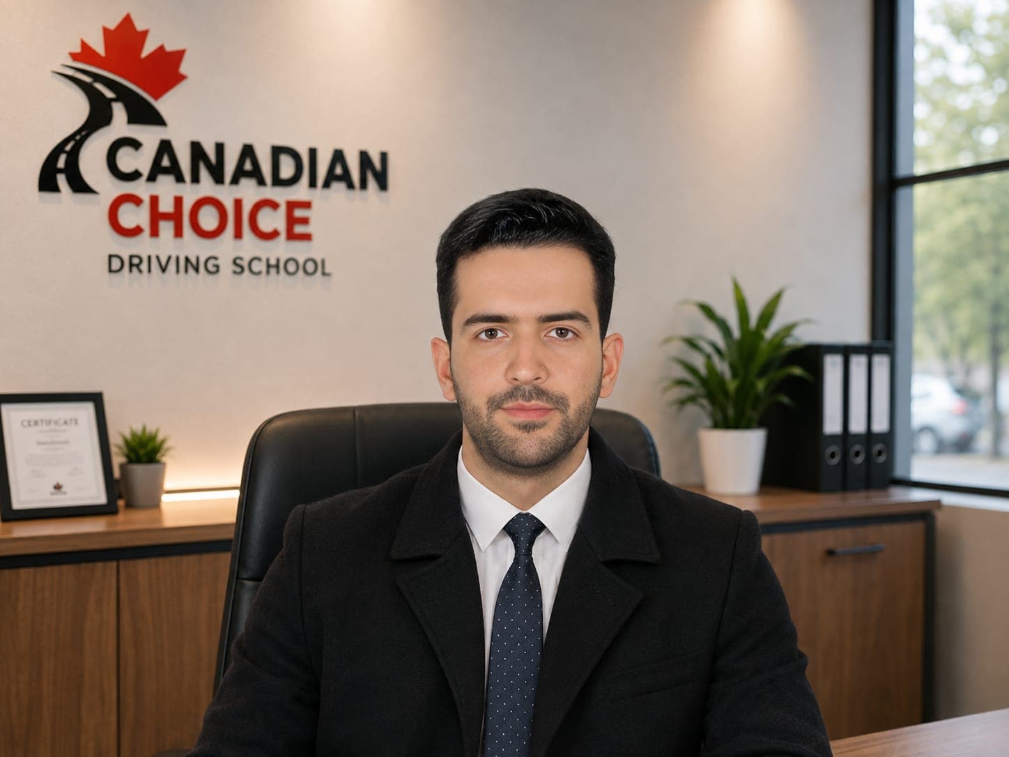 Mohammad Sameem, instructor at Canadian Choice Driving School, seated in a black coat, white shirt and navy tie at a desk in the school's office in front of the Canadian Choice Driving School wall logo.